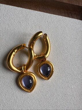 Gold Hoop Earrings with Purple Teardrop Stone